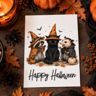 Cartão Postal Amigos de Halloween Gato Gambá e Guaxinim
