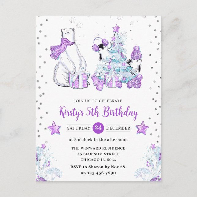 Cartão Postal Amigos de Inverno Urso Polar e Pinguins Aniversári (Frente)