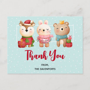 Cartão Postal Amigos de Natal - Urso da Rena e Coelho Obrigado