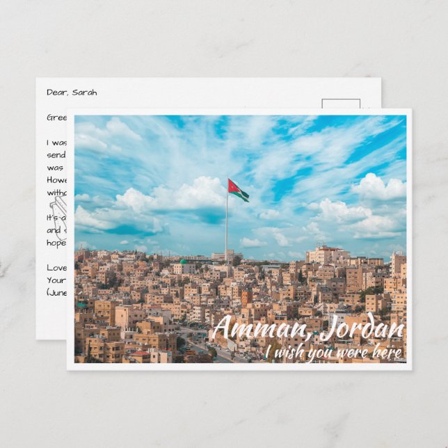 Cartão Postal Amman Jordan com Bandeira Jordaniana (Frente/Verso)