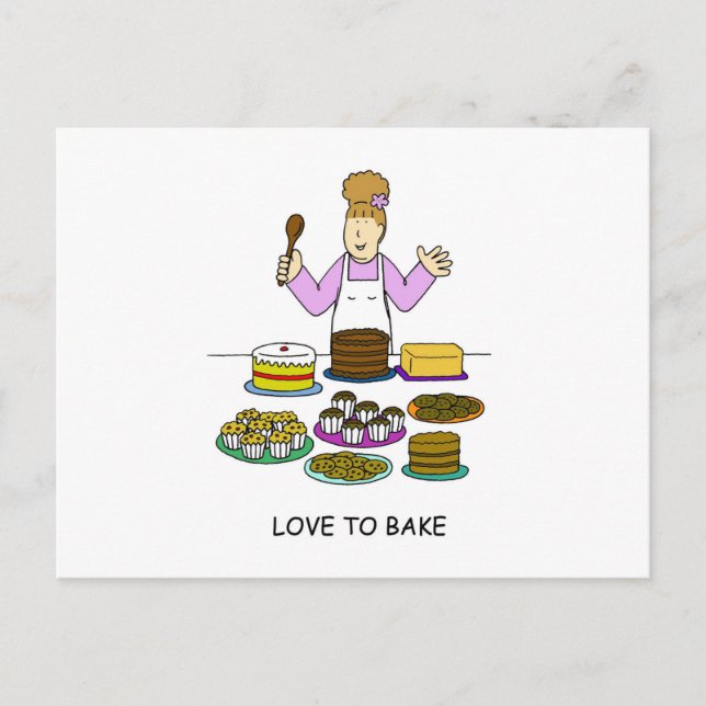 Cartão Postal Amor a Assar Cartoon Lady with Cakes (Frente)