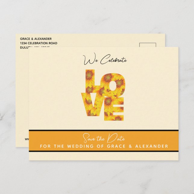 Cartão Postal AMOR Casamento Elegante de Girassol Salve a Data P (Frente/Verso)