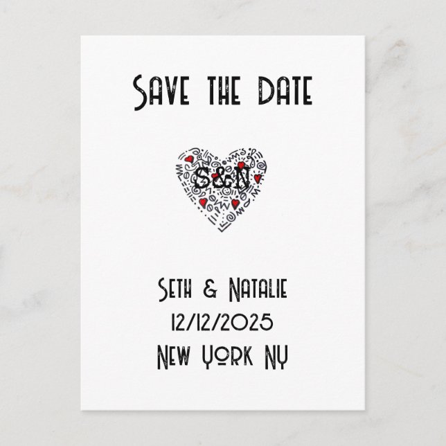 Cartão Postal amor coração trendy doodle preto branco vermelho a (Frente)