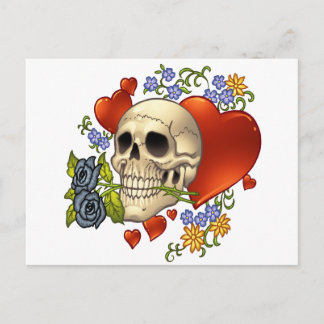Cartão Postal Amor crânio - Crânios, Rosas e Corações por Al Rio