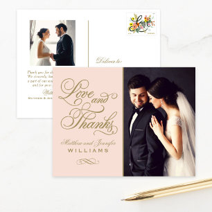 Cartão Postal Amor e Obrigados Blush Dourado Foto Casamento Obri