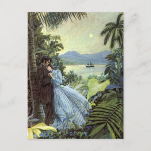 Cartão Postal Amor e Romance Vintage, Vista Tropical Romântica