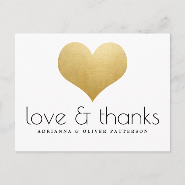 Cartão Postal Amor Elegante E Obrigados Faux Gold Foil Heart (Frente)