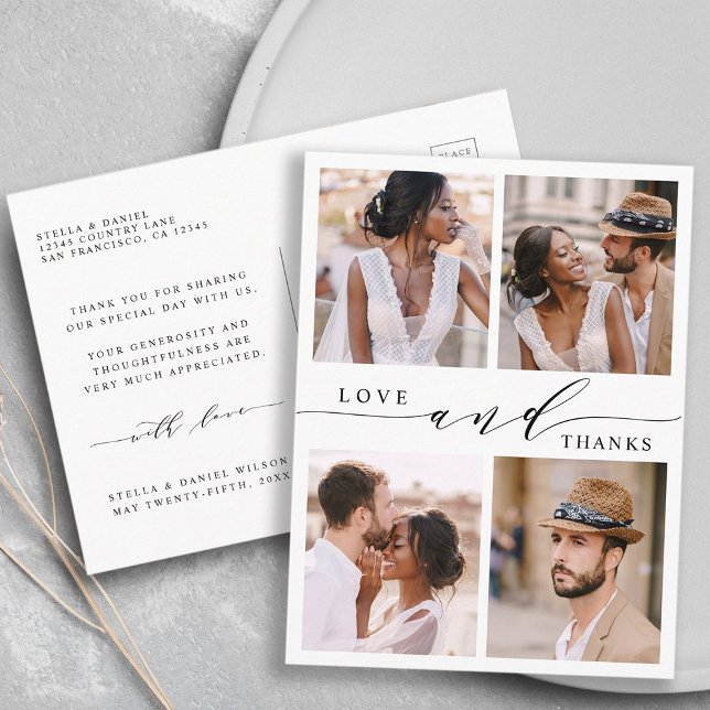 Cartão Postal Amor Moderno e Obrigados 4 Foto de Casamento Obrig (Front & Back)