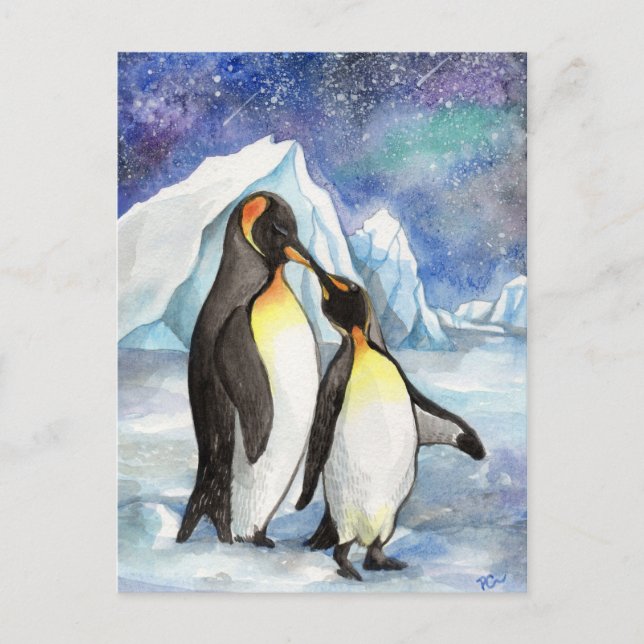 Cartão Postal Amor sob as estrelas - amantes de pinguins (Frente)