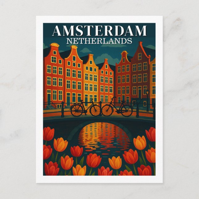 Cartão Postal Amsterdã à Noite Flores & Bicicletas (Frente)