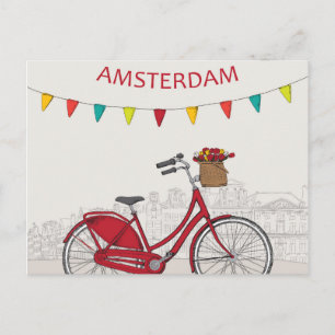 Cartão Postal Amsterdã, bicicleta vermelha na rua, ilustração