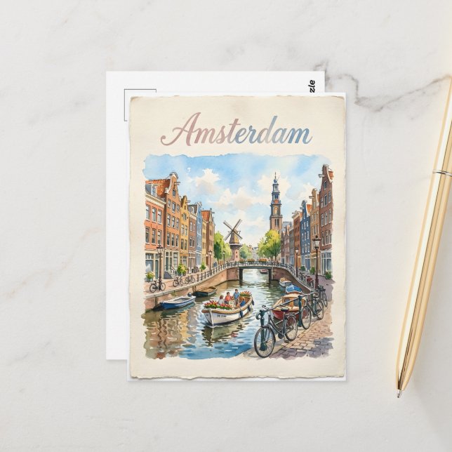 Cartão Postal Amsterdã Holanda aquarela (Frente/Verso In Situ)