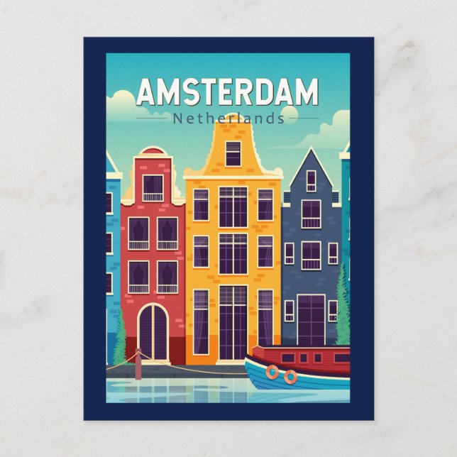 Cartão Postal Amsterdã Holanda Colorful Houses Viagem Retro (Frente)
