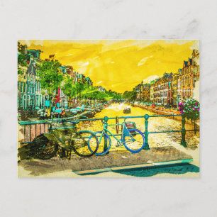 Cartão Postal AMSTERDAM, Eu Adoro Canais de Aquarela Holandesa