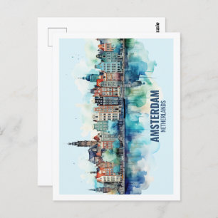 Cartão Postal Amsterdam Netherlands Famous Viagem Watercolor
