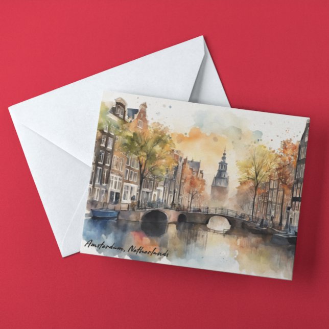 Cartão Postal Amsterdam Países Baixos Watercolor Panorama View (amsterdam netherlands watercolor travel postcard)