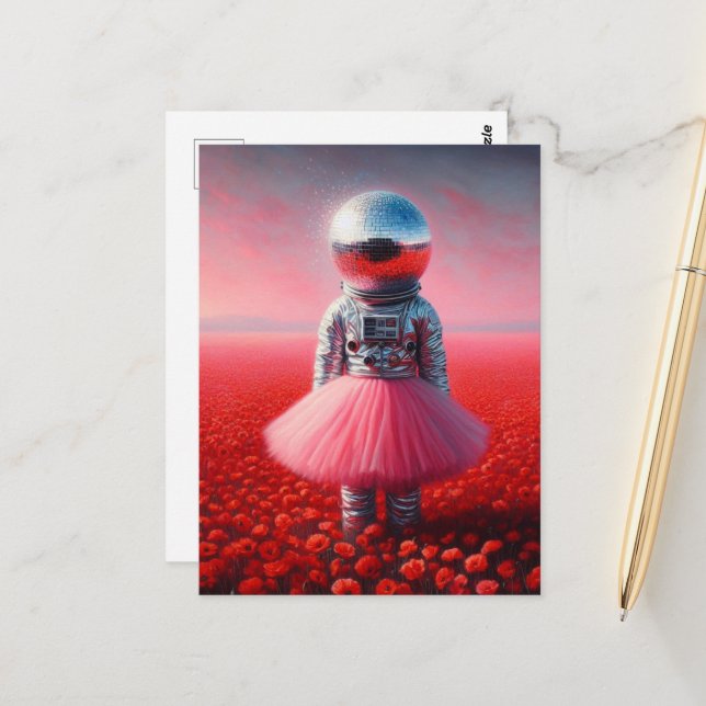 Cartão Postal An astronaut in a tutu disco ball head poppies (Frente/Verso In Situ)