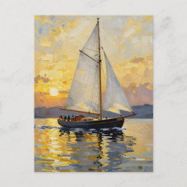 Cartão Postal An Impasto Illustration of a Sailboat at Sunset
