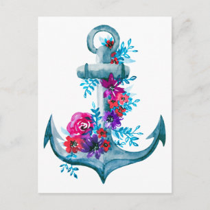 Cartão Postal Anchor Azul Náutico Floral da Cor da Água Modern