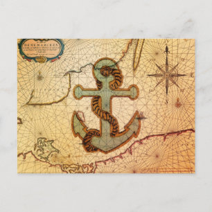Cartão Postal Anchor de vintagem do Mapa Marítimo da Praia Cost