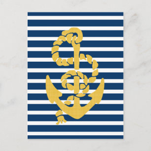 Cartão Postal Âncora Amarela Fundo Azul E Branco Stripagem