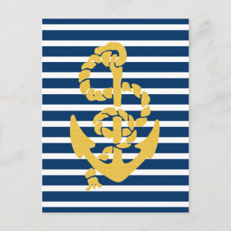 Cartão Postal Âncora Amarela Fundo Azul E Branco Stripagem