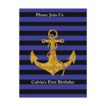 Âncora Dourada em Listras Azuis com Cor Personaliz