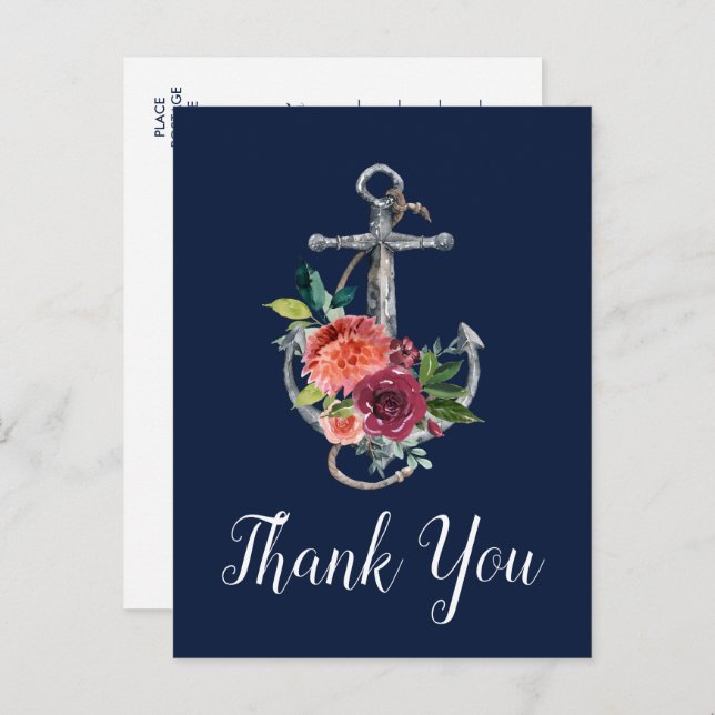Cartão Postal Âncora Floral | Marinho Outono Obrigado (Frente/Verso)