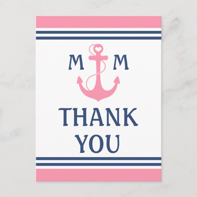 Cartão Postal Âncora Náutica Rosa, Obrigado (Frente)