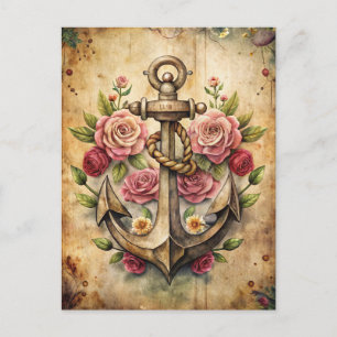 Cartão Postal Âncora Rústica Vintage Rosas Oceano Náutico