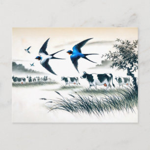 Cartão Postal Andorinhas Voando Sobre um Campo de Gado em Tinta