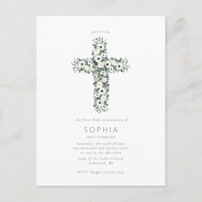 Cartão Postal Anêmonas e Eucalipto cruzam Primeira Comunhão Sagr (Frente)