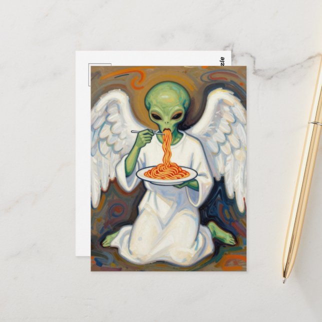 Cartão Postal Angel Alien Eating Spaghetti (Frente/Verso In Situ)
