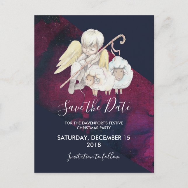 Cartão Postal Angel Shepherd de Natal com Lambs Salve a Data (Frente)