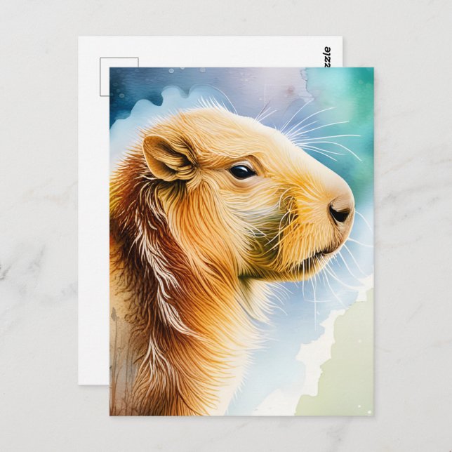 Cartão Postal Animais Aquarelas, Capybara, Pós-cruzamento (Frente/Verso)