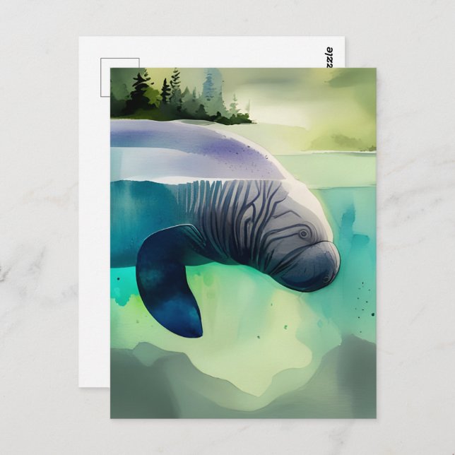 Cartão Postal Animais Aquarelas, Manateio, Pós-Travessia (Frente/Verso)