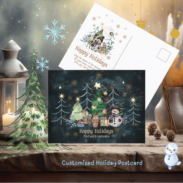 Cartão Postal Animais da Floresta Neve Homem de Natal Azul (Woodland Animals Snowman Christmas Teal blue Postcard)