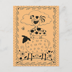 CARTÃO POSTAL ANIMAIS DE EXPLORAÇÃO DE ARTE FOLK OEEP ROOSTER 