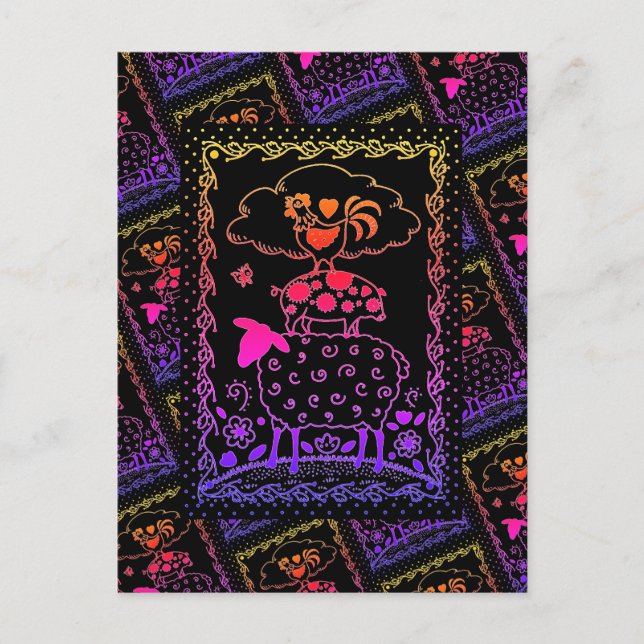 Cartão Postal ANIMAIS DE EXPLORAÇÃO DE ARTE FOLK OEEP ROOSTER Pr (Frente)