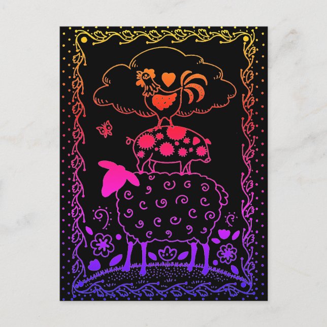 Cartão Postal ANIMAIS DE EXPLORAÇÃO DE ARTE FOLK OEEP ROOSTER Pr (Frente)