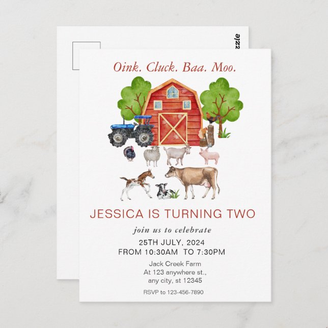 Cartão Postal Animais de Fazenda em Aquarela Fofos Aniversário I (Frente/Verso)