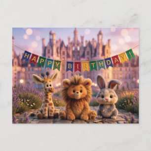 Cartão Postal Animais de Pelúcia Fofos com Faixa de Feliz Aniver