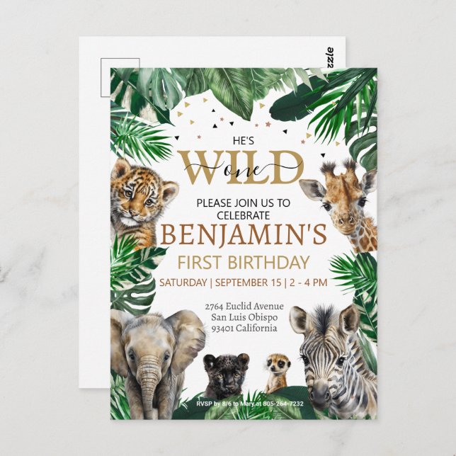 Cartão Postal Animais de Safari de Selva Tropical de Aniversário (Frente/Verso)