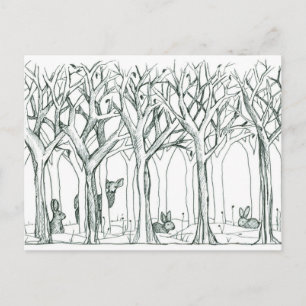 Cartão Postal Animais Florestais Árvores de inverno Coelhos de 