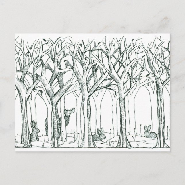 Cartão Postal Animais Florestais Árvores de inverno Coelhos de N (Frente)