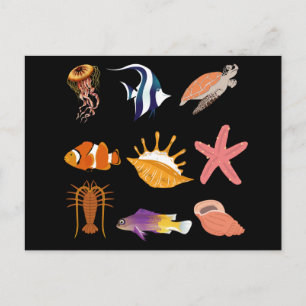 Cartão Postal Animais marinhos: peixe, tartaruga, concha, medusa