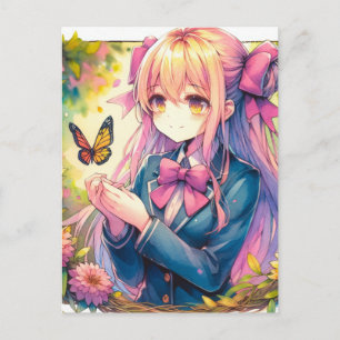 Cartão Postal Anime Girl and Butterfly mantendo contato