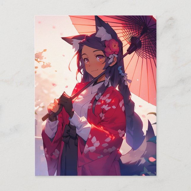 Cartão Postal Anime Kitsune Girl Cute Fox Fantasy Art (Frente)