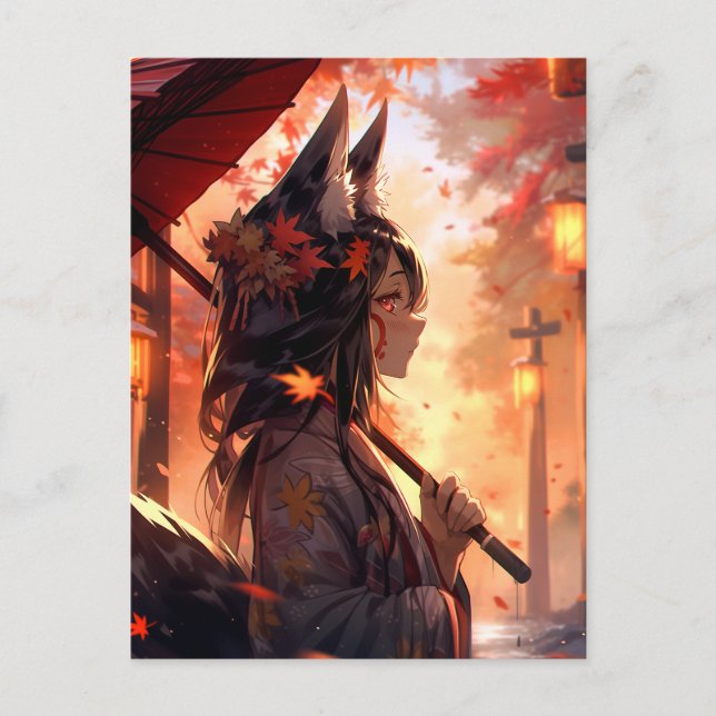 Cartão Postal Anime Kitsune Girl Cute Fox Fantasy Art (Frente)