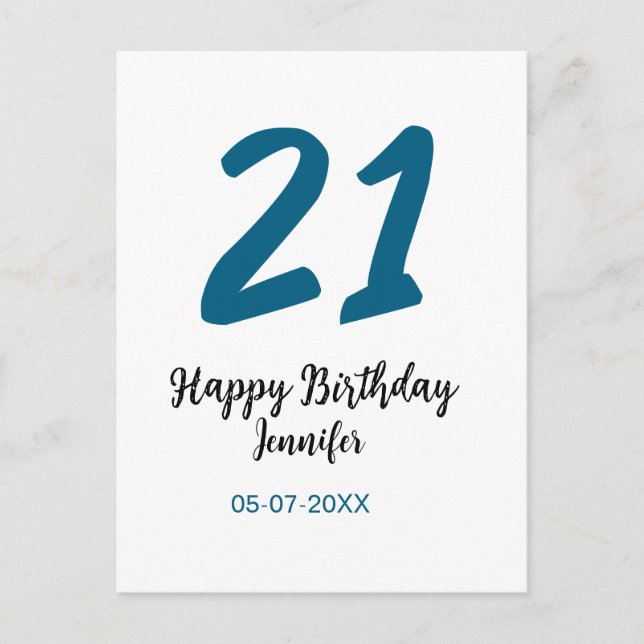 Cartão Postal aniversário 21 letras azuis negrito simples minima (Frente)